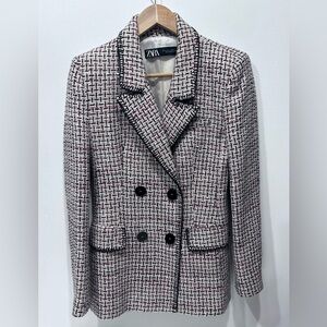 ZARA Textured Tweed Blazer Double Breasted Shoulder Pad Pink Black White Size S